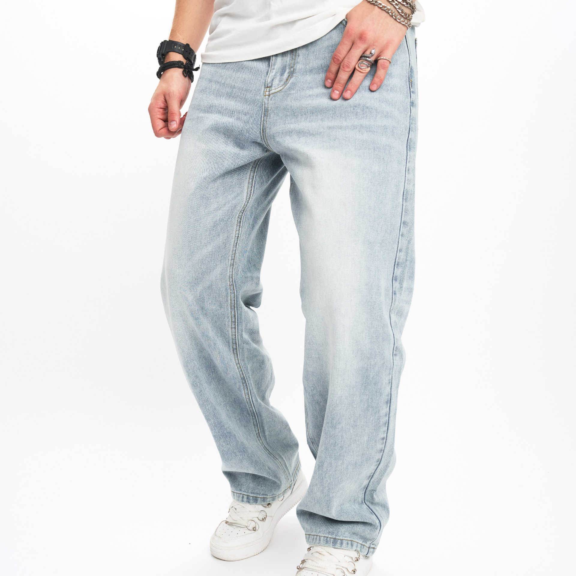 European And American Street BIKER JEANS Fashion Brand Ma Ying High Street Men's JEANS Loose Wide Leg Straight Pants Men