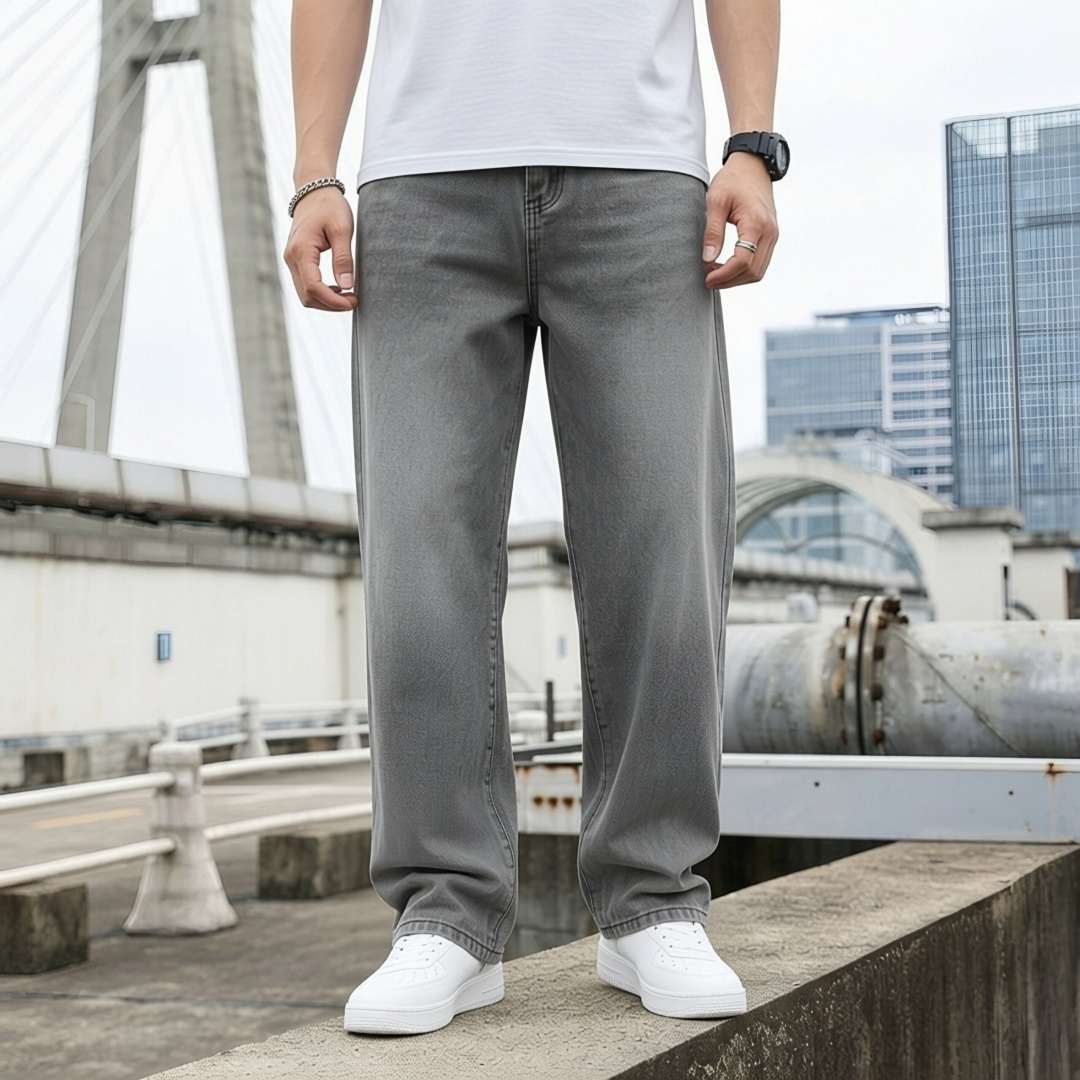 Washed Grey Jeans Men Loose Fit Denim Pants Casual Streetwear Oversized Plus Size Big Size Ready Stock