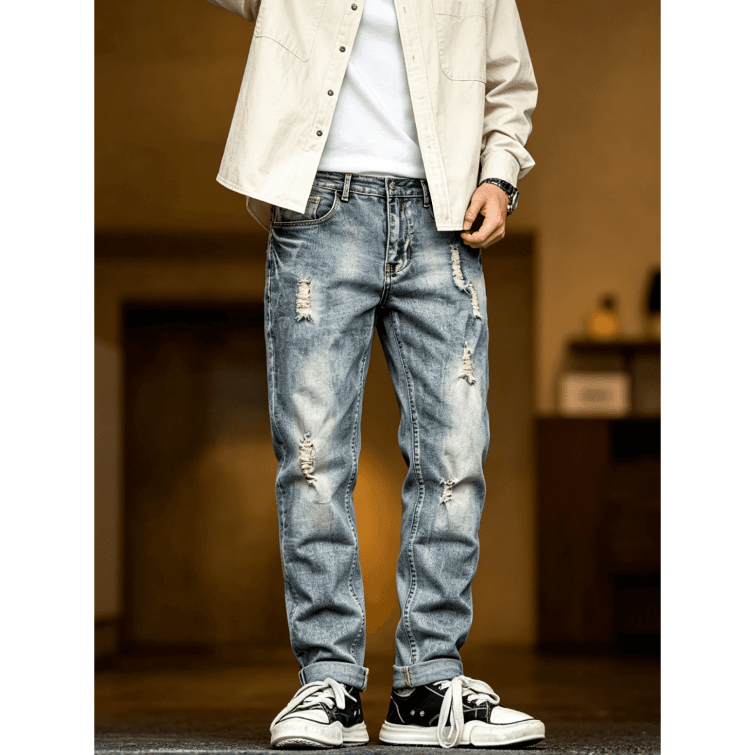 Plus Size Jeans Men Vintage Blue Washed Ripped Straight Leg Denim Pants Big And Tall US Stock