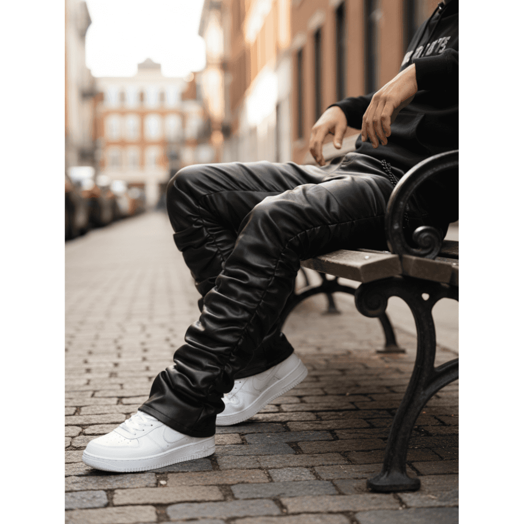 Plus Size Leather Pants Men Black Stacked Ruched PU Leather Trousers Big And Tall US Ready Stock