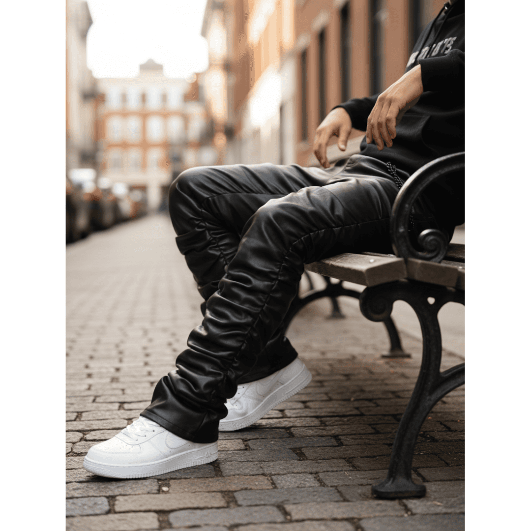 Plus Size Leather Pants Men Black Stacked Ruched PU Leather Trousers Big And Tall US Ready Stock