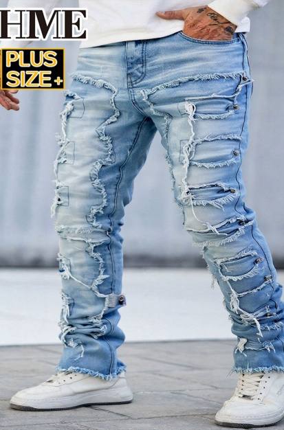 Distressed Ripped Jeans Men Light Wash Streetwear Denim Pants Plus Size Big And Tall US Ready Stock
