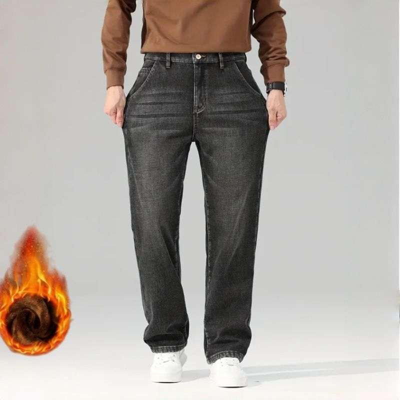 Warm Fleece Lined Jeans Men Loose Straight Leg Black Washed Denim Pants Ready To Ship From US