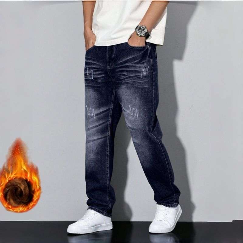 Dark Blue Fleece Lined Jeans Men Whisker Washed Straight Denim Pants Fast US Fulfillment