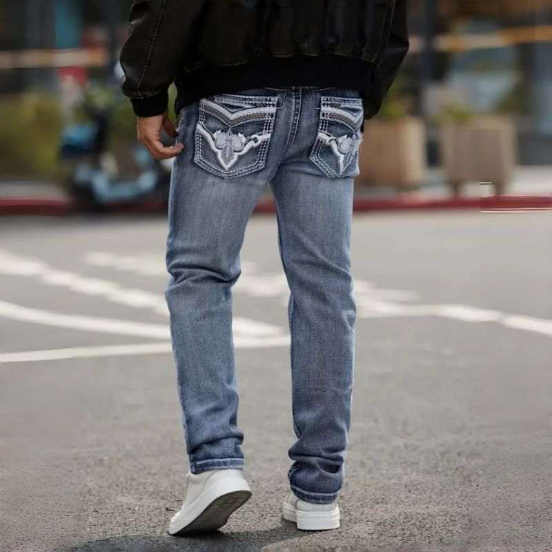 Vintage Fleece Lined Jeans Men Grey Blue Straight Denim Pants Decorative Pocket US Warehouse Inventory