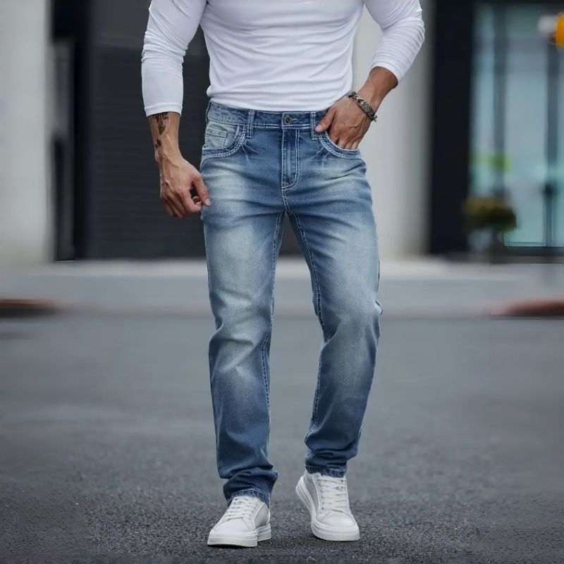 Vintage Washed Jeans Men Fleece Lined Light Blue Straight Leg Winter Denim Pants USA Stock