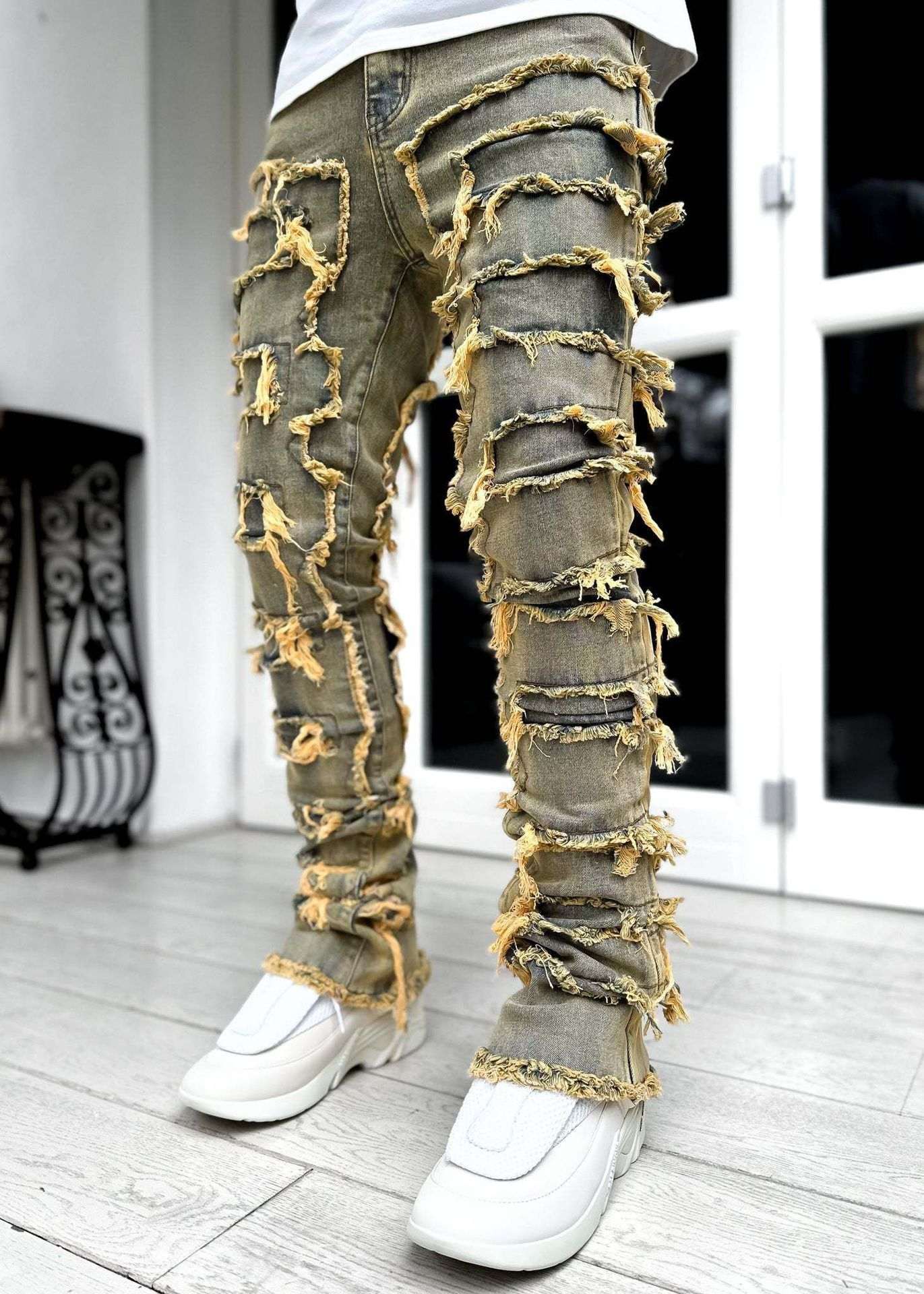Cross-Border New Men's Denim Straight Pants European And American Street Fashion Ins Popular Stretch Patch Denim Straight Pants