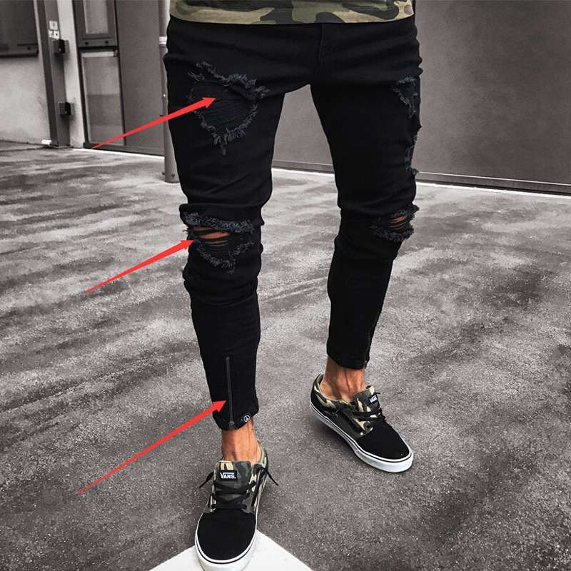 Cross-border Jeans Men's Wish New Black Ripped Stretch Zipper Men's Skinny Pants European And American Fashion