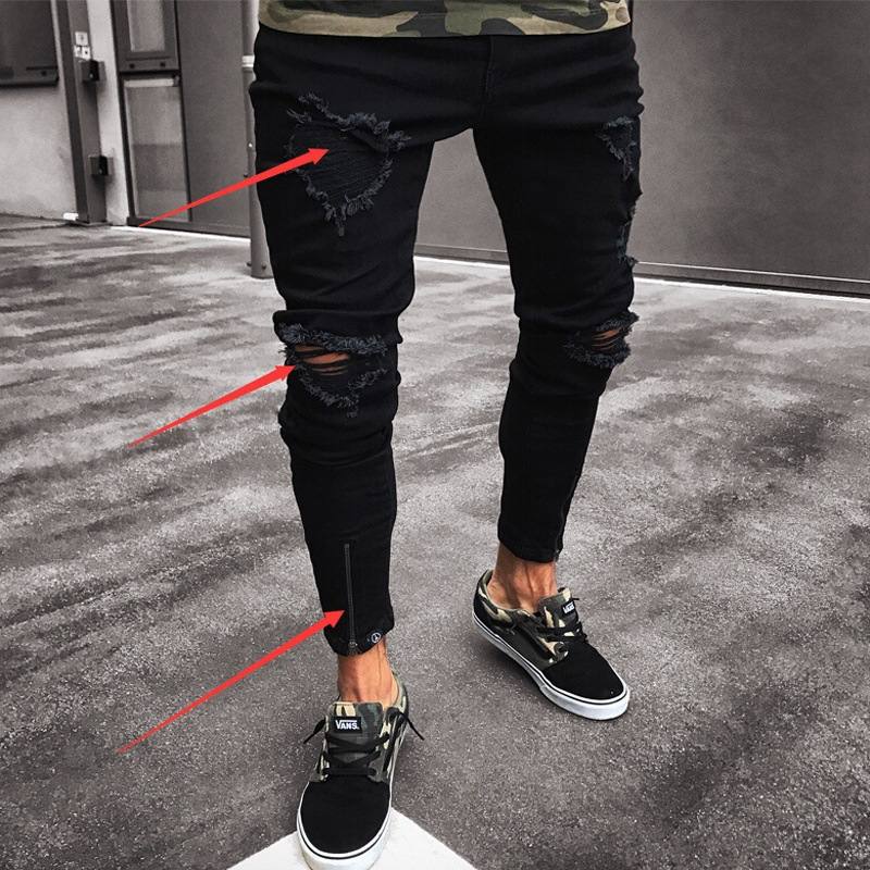 Cross-border Jeans Men's Wish New Black Ripped Stretch Zipper Men's Skinny Pants European And American Fashion