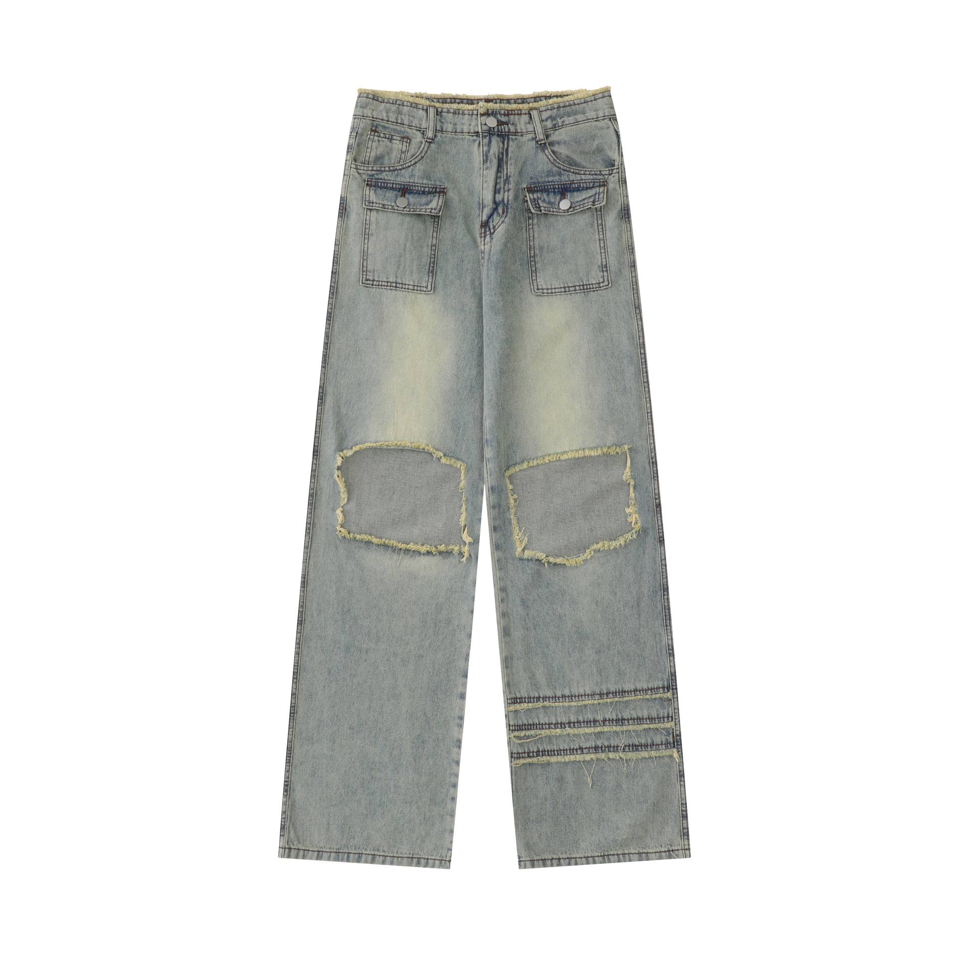 American-style Retro Straight Knee-exposed White Fashion Brand Ripped Jeans For Women