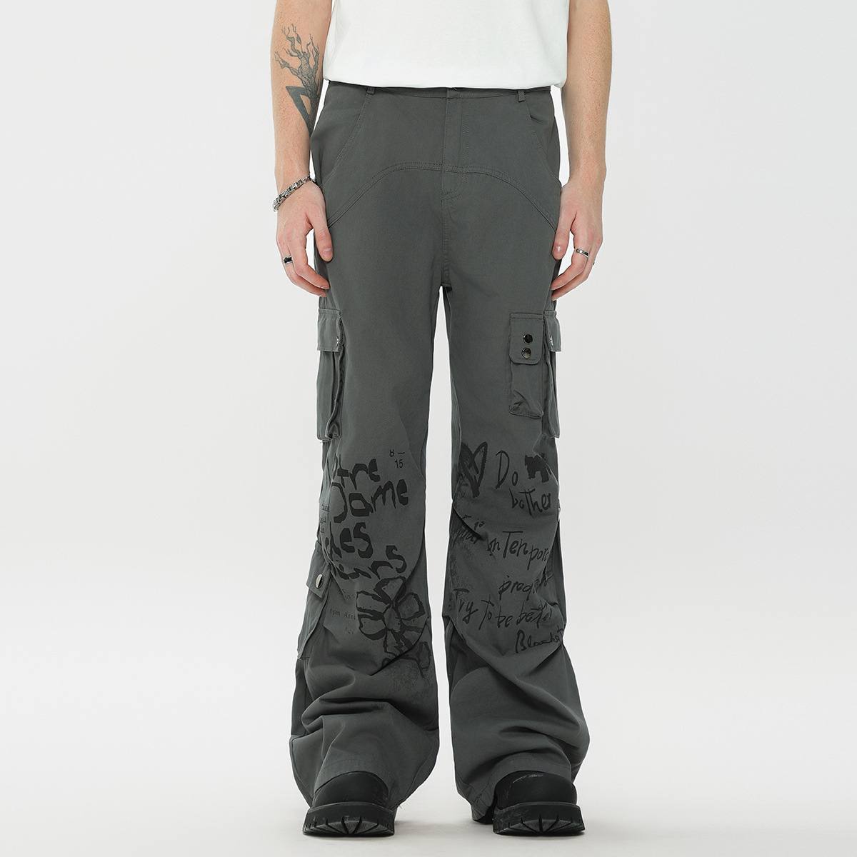 Water Paste Printing Design Sense American Fashion Brand Straight White Overalls Men