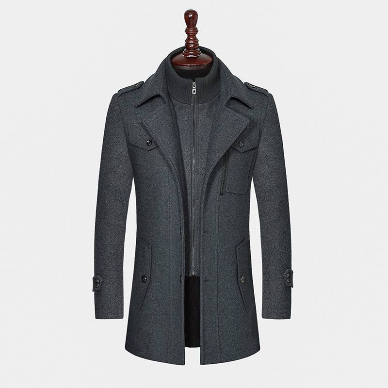 Men's Woolen Coat Double Collar Standard Vertical Zipper Coat Jacket