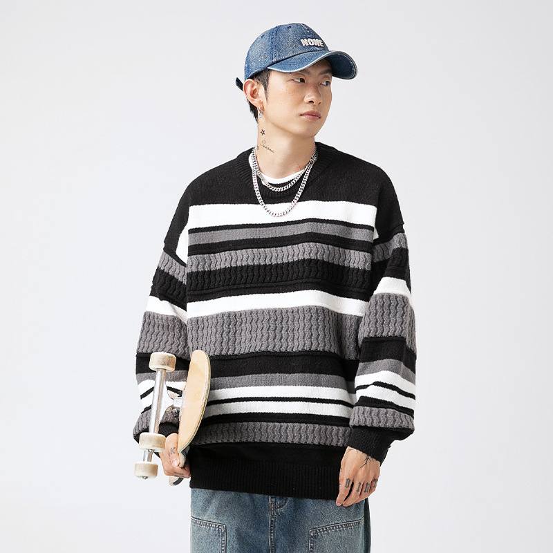 Japanese Round Neck Sweater Men's Striped Color Contrast Patchwork