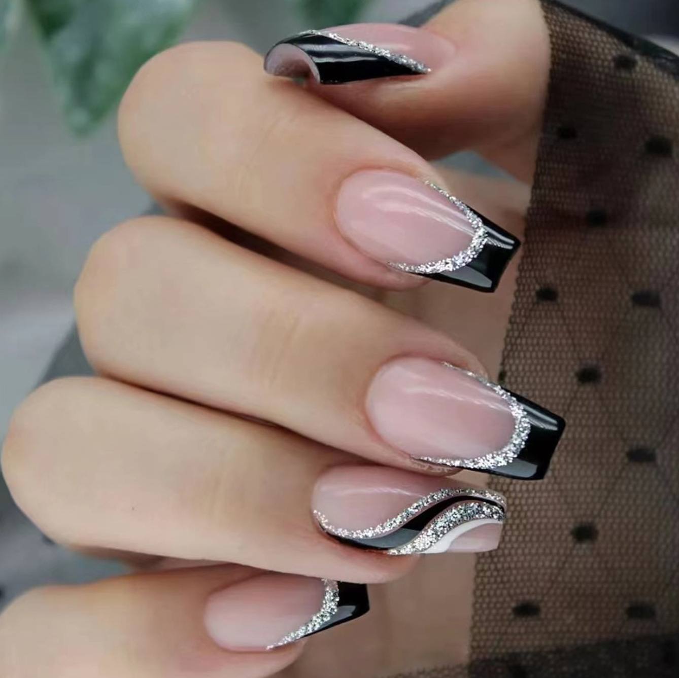 Long Square Black Glitter Lines Nail Sticker