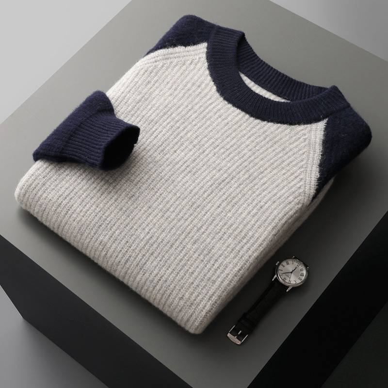 Woolen Sweater Men's Color-block Crew Neck Ingot Needle Thickened Knitting Wool Base