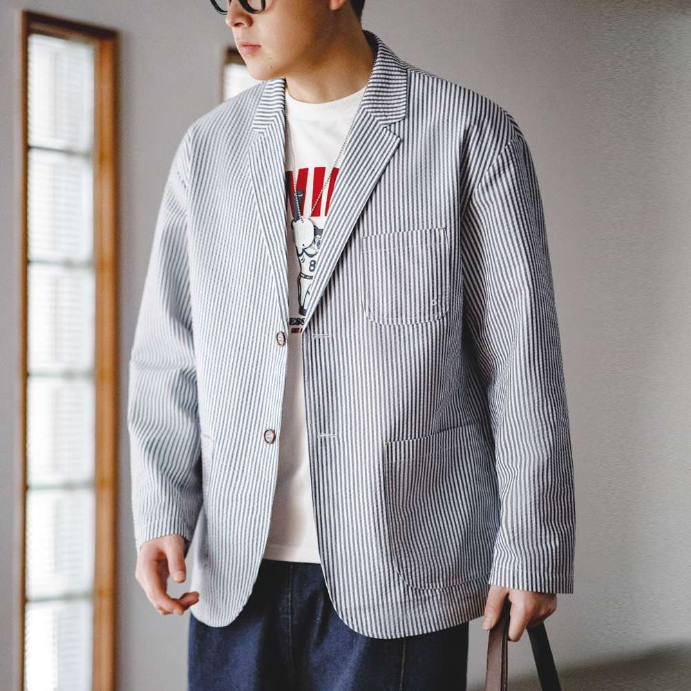 Seersucker Striped Blazer Flat Collar