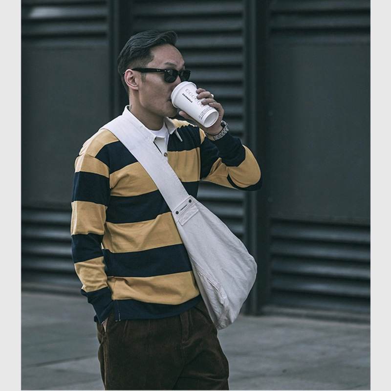 Men's Polo Collar Stripes T-shirt Retro Long Sleeve
