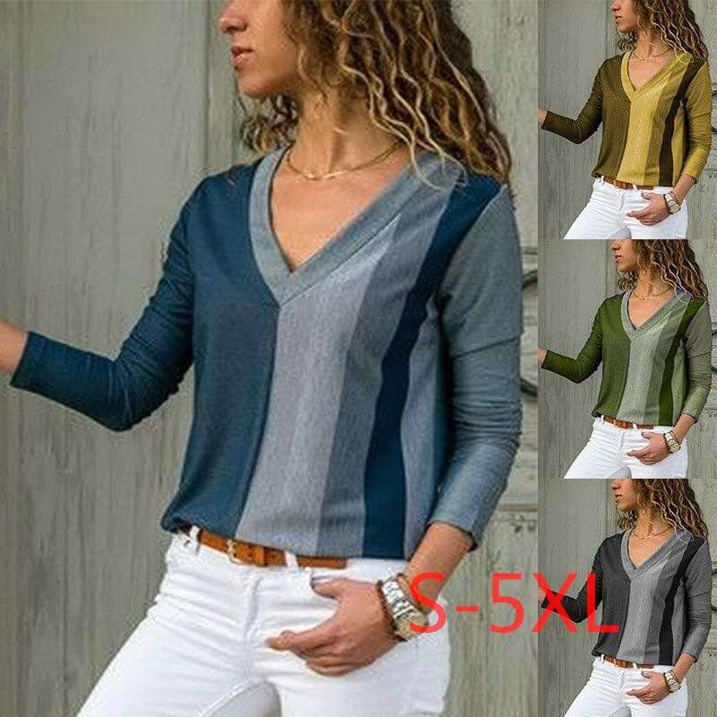 V-neck Striped Printed Long Sleeves T-shirt