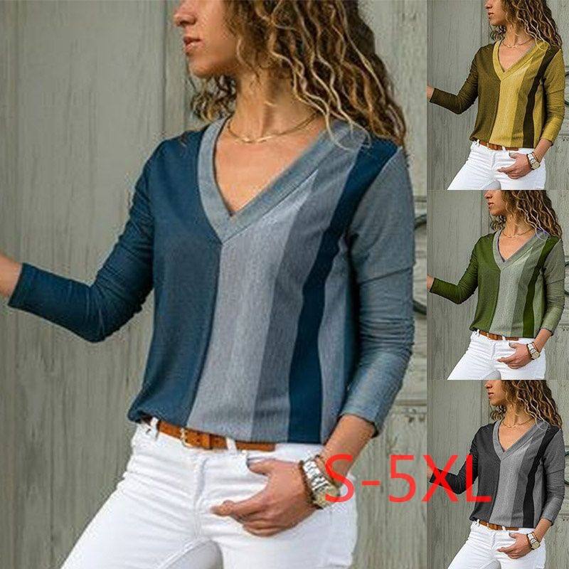 V-neck Striped Printed Long Sleeves T-shirt