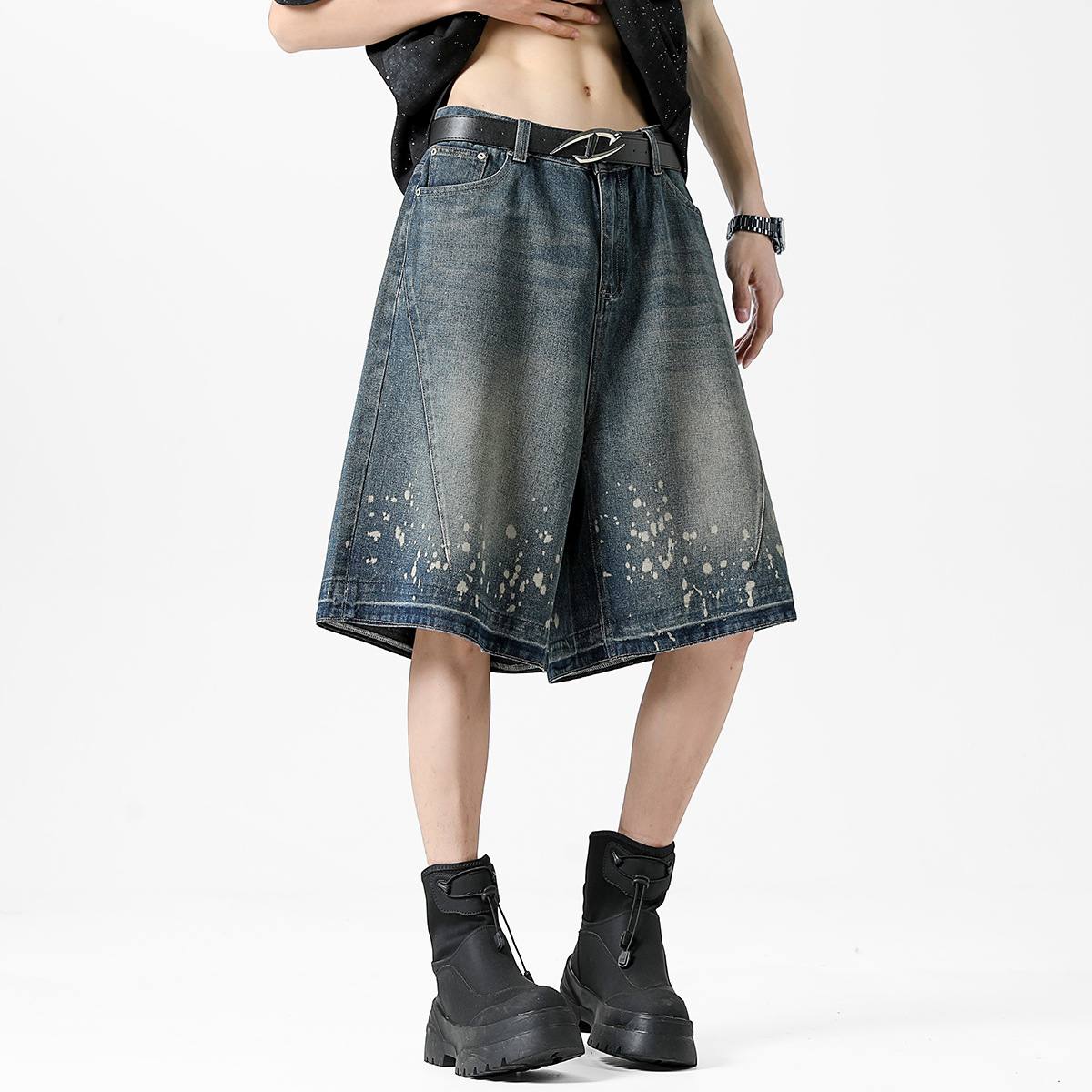 Retro Washed Ripped Splash Ink Five Points Denim Men's Shorts