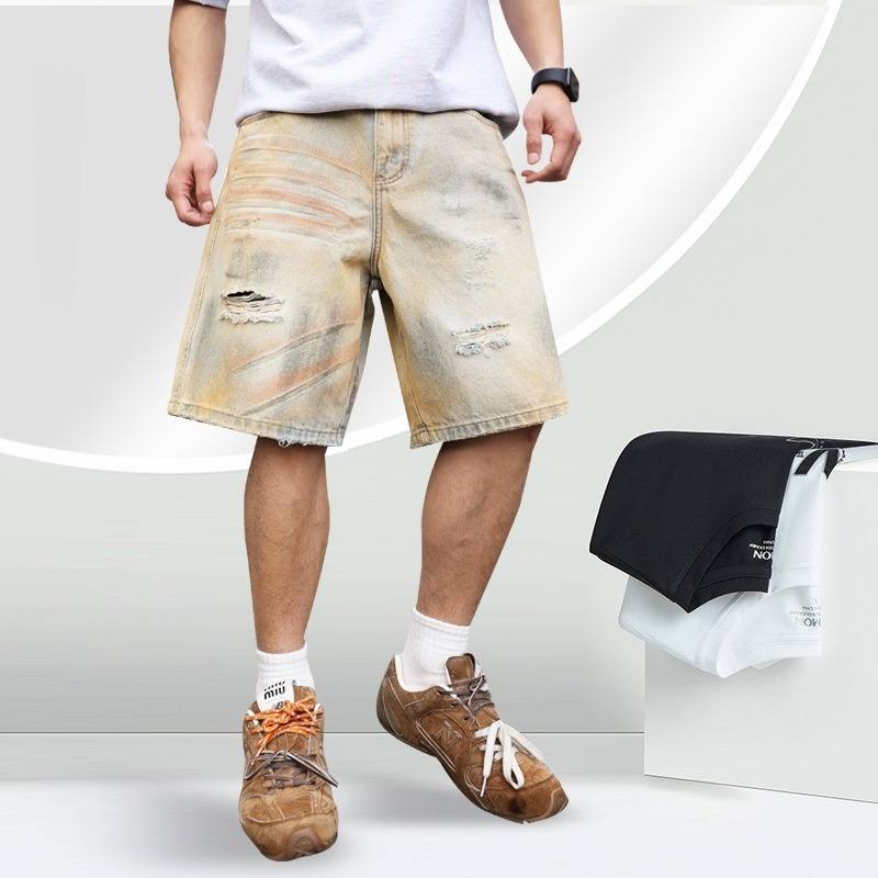 Washed Make Old Ripped Straight-leg Denim Men's Shorts