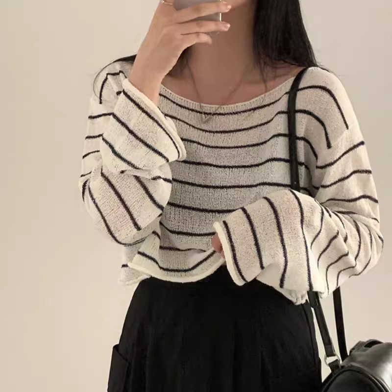 Off-neck Striped Ice Silk Sweater Loose Thin Type Sunscreen Blouse