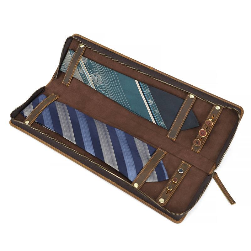 Vintage Crazy Horse Leather Men's Tie Storage Box