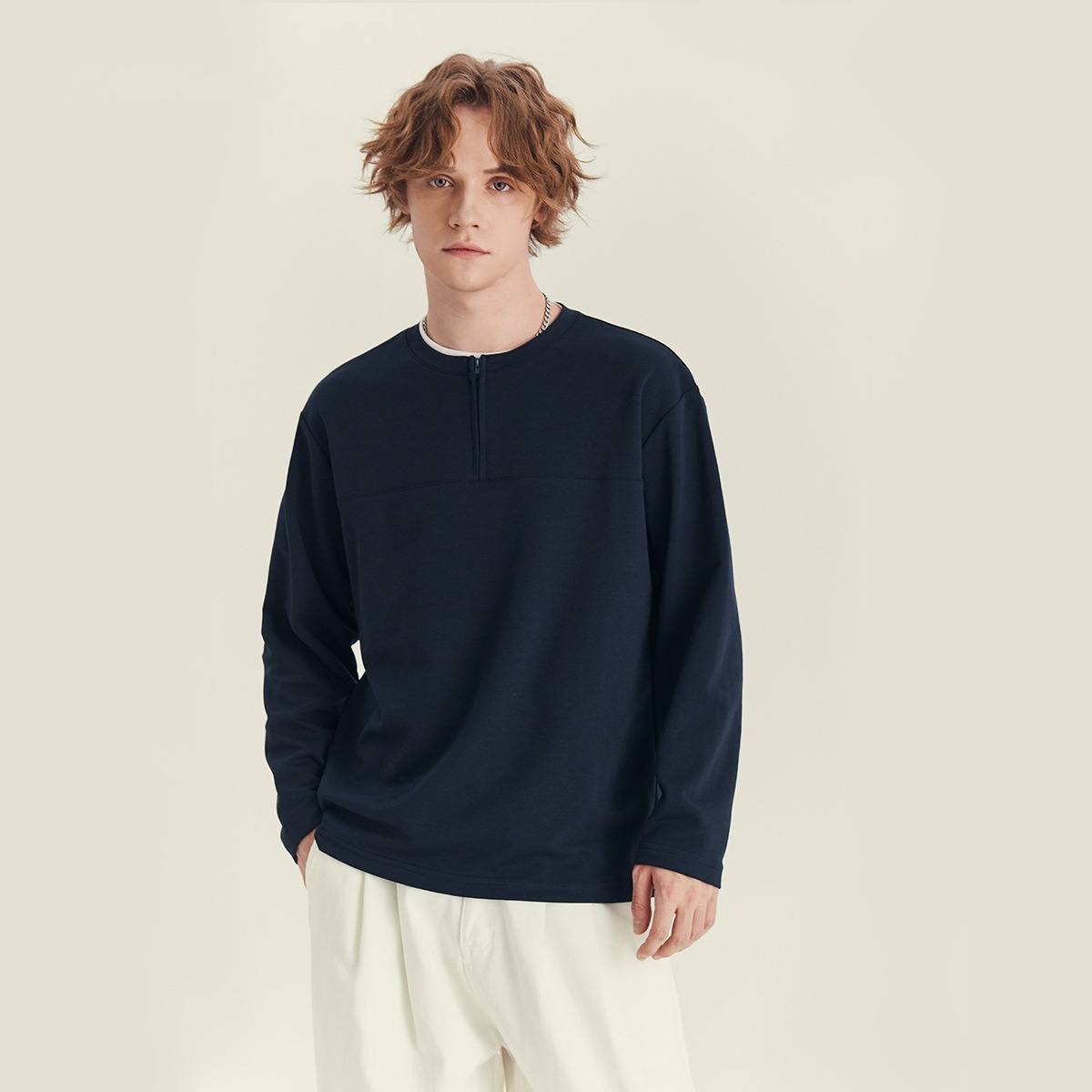 Half Long-sleeve Zipper T-shirt Men's Autumn High-grade Contrast Color Loose Crew Neck Top
