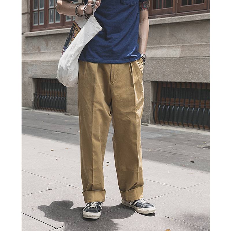 Retro Men's Casual Trousers Two Pleats Loose Cargo