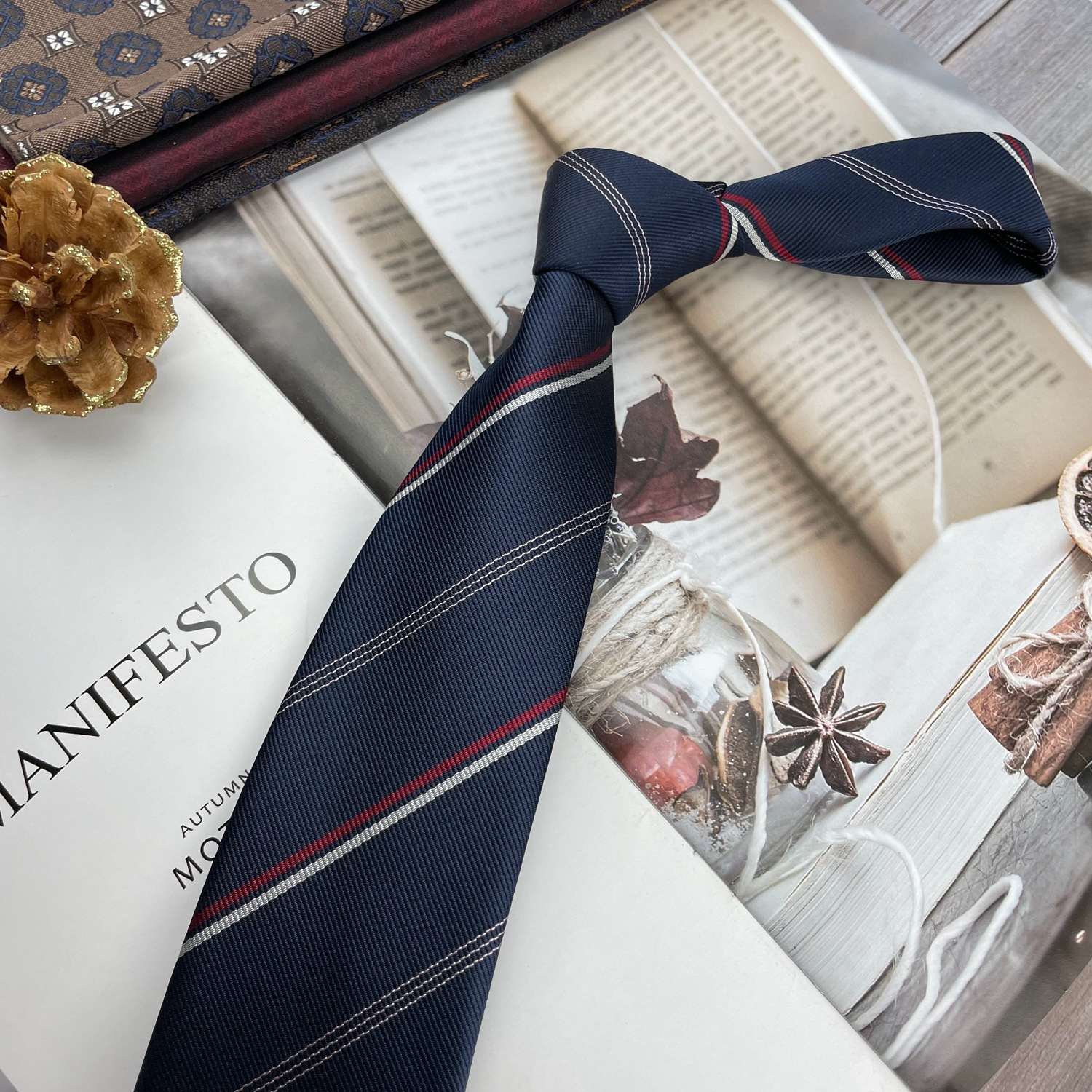 Retro Coffee Color Orange Red Striped Tie Hand Hit 8CM Men