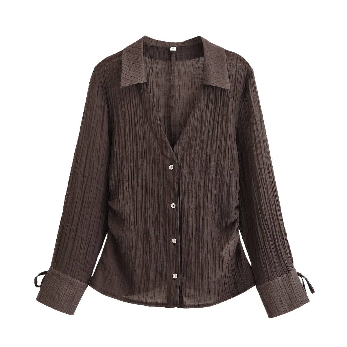 Summer New V-neck Bowknot Decoration Semi-transparent Shirt