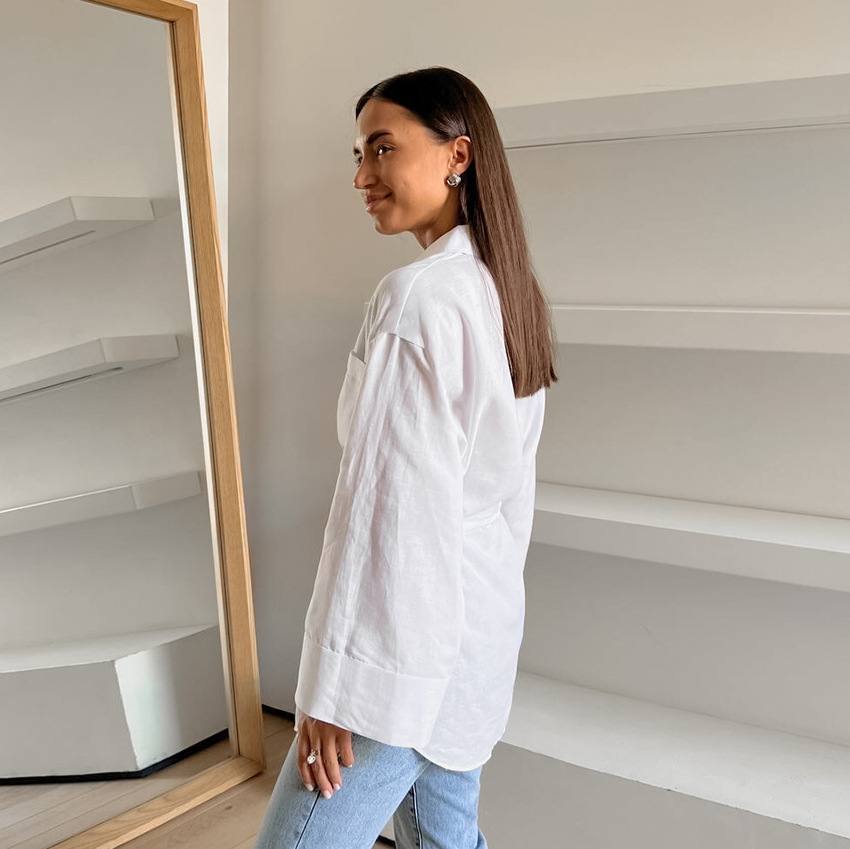 Women's Simple White Cotton And Linen Loose Lapels Shirt