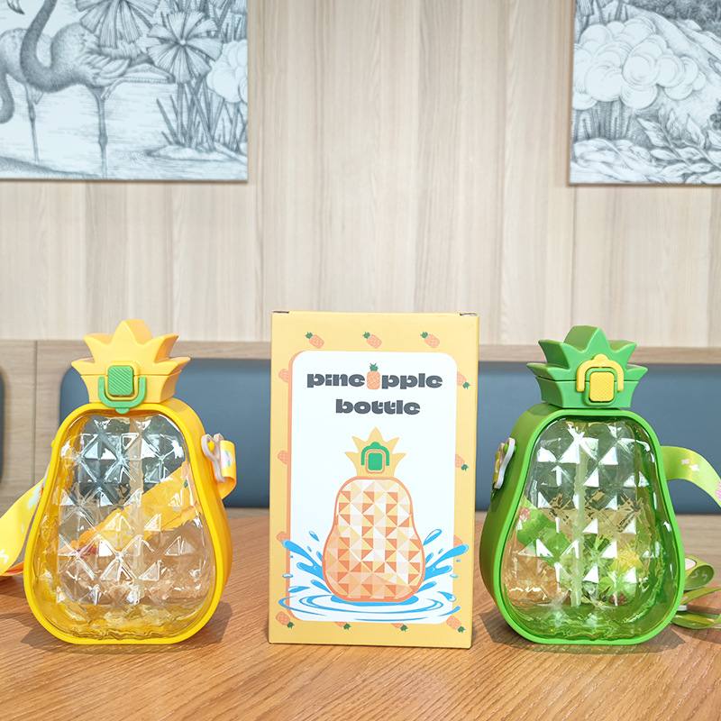 Creative Cute Pineapple Straw Plastic Water Cup Portable Strap Children's Outdoor Sports Water Bottle