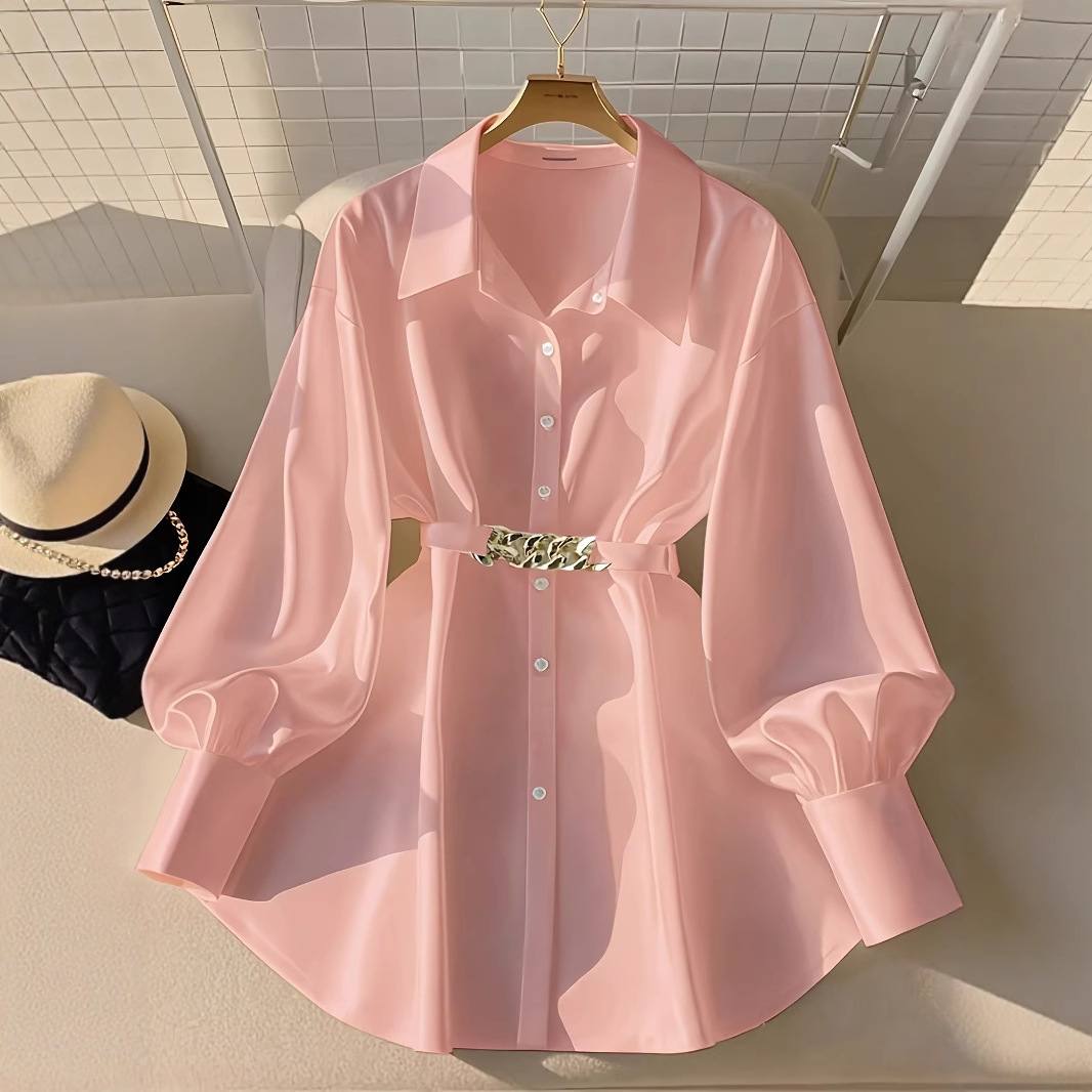 Gentle Pink Loose Lantern Sleeve Shirt Women's Metal Chain Waist Seal Top