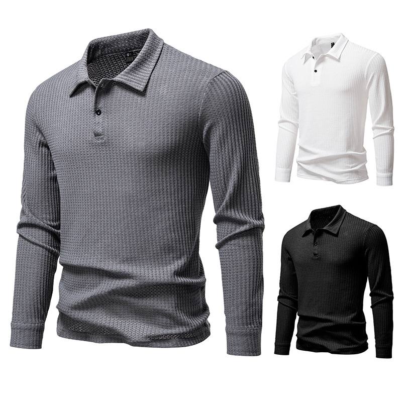 New Men's Walf Checks Fabric Long Sleeve Lapel T-shirt