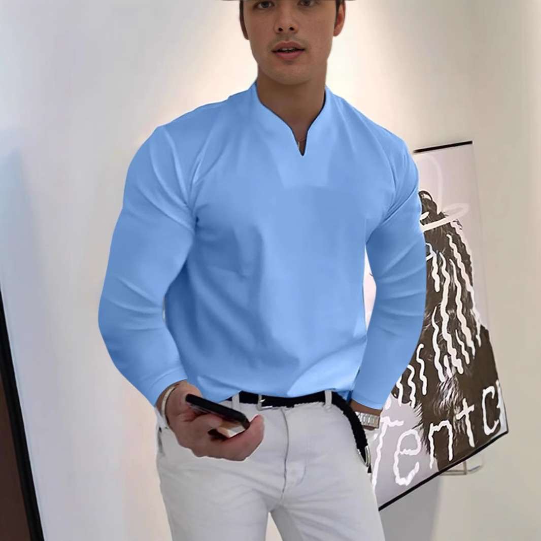 Men's V-neck Breathable Casual Long Sleeve T-shirt