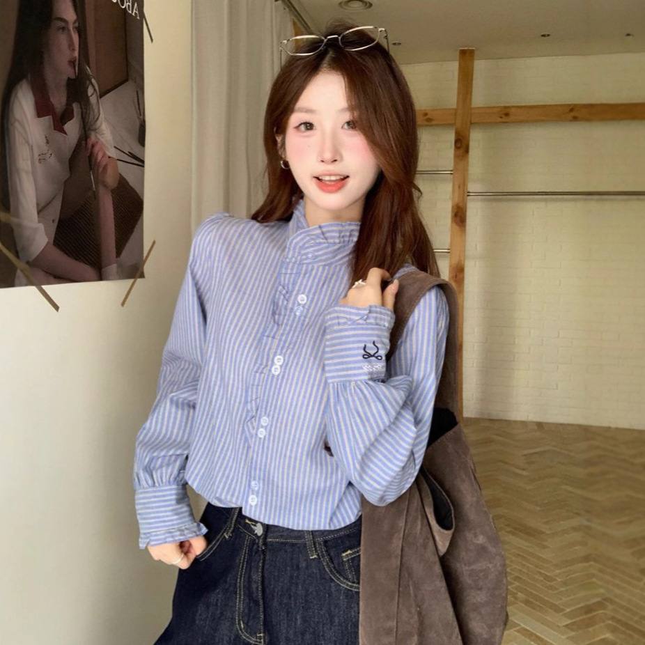 French Ruffled Blue Striped Women's Long Sleeve Shirt