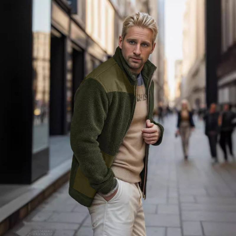 Men's Fleece Patchwork Color-Block Stand-Up Collar Fashion Jacket