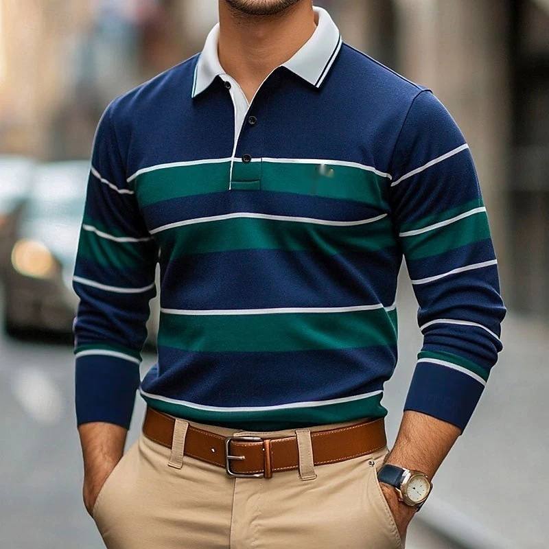 Digital-print Men's Casual Long-sleeve Polo-neck Top