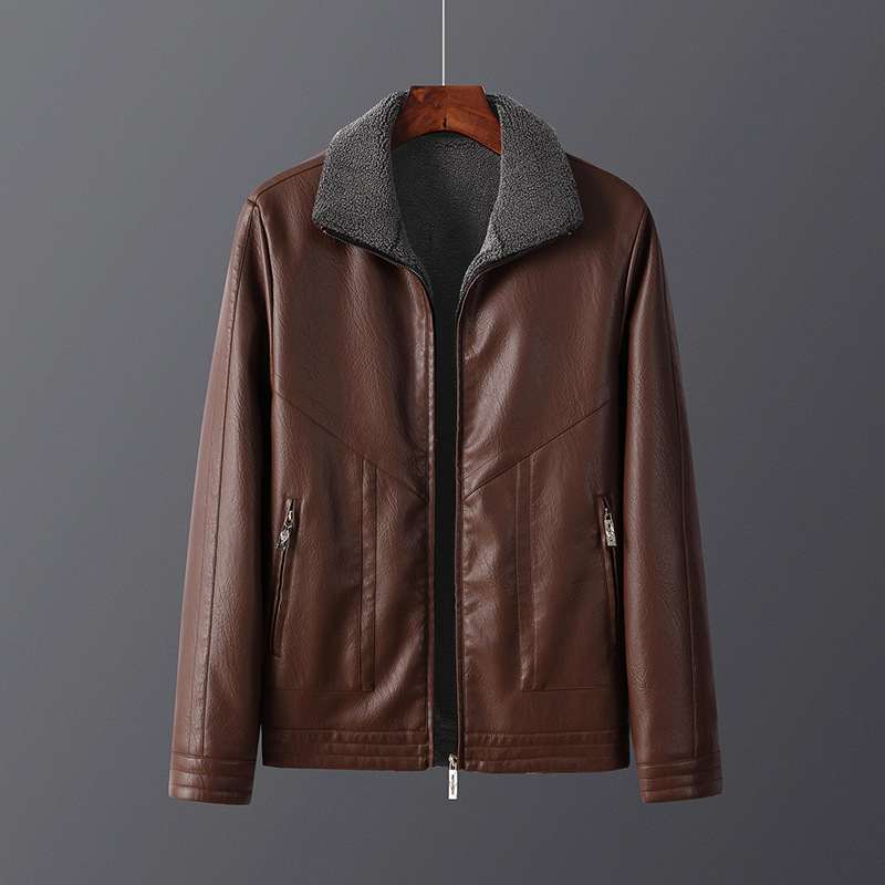 Men's Fleece-Lined Leather Jacket Thickened Outerwear