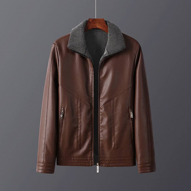 Men's Fleece-Lined Leather Jacket Thickened Outerwear