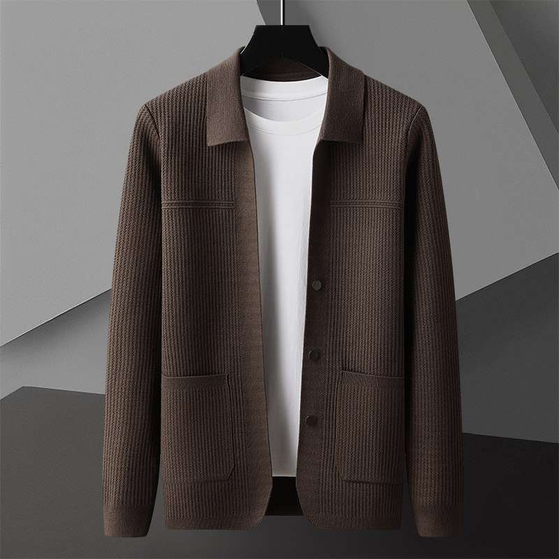 Men's AutumnWinter New Arrival Solid-Colored Thickened Lapel Long-Sleeve Sweater With Pockets