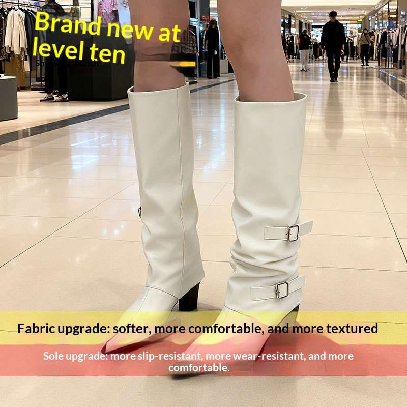 Women's Niche-design Leather-buckle High-rise Riding Boots