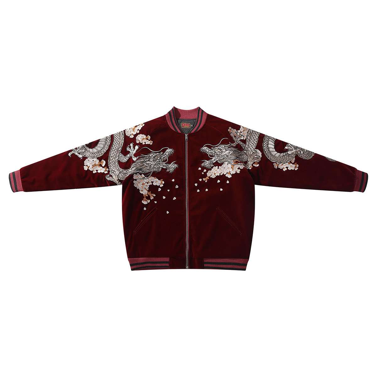 Embroidered Dragon Mens Casual Baseball Jacket With Two Dragons Playing With A Pearl Design