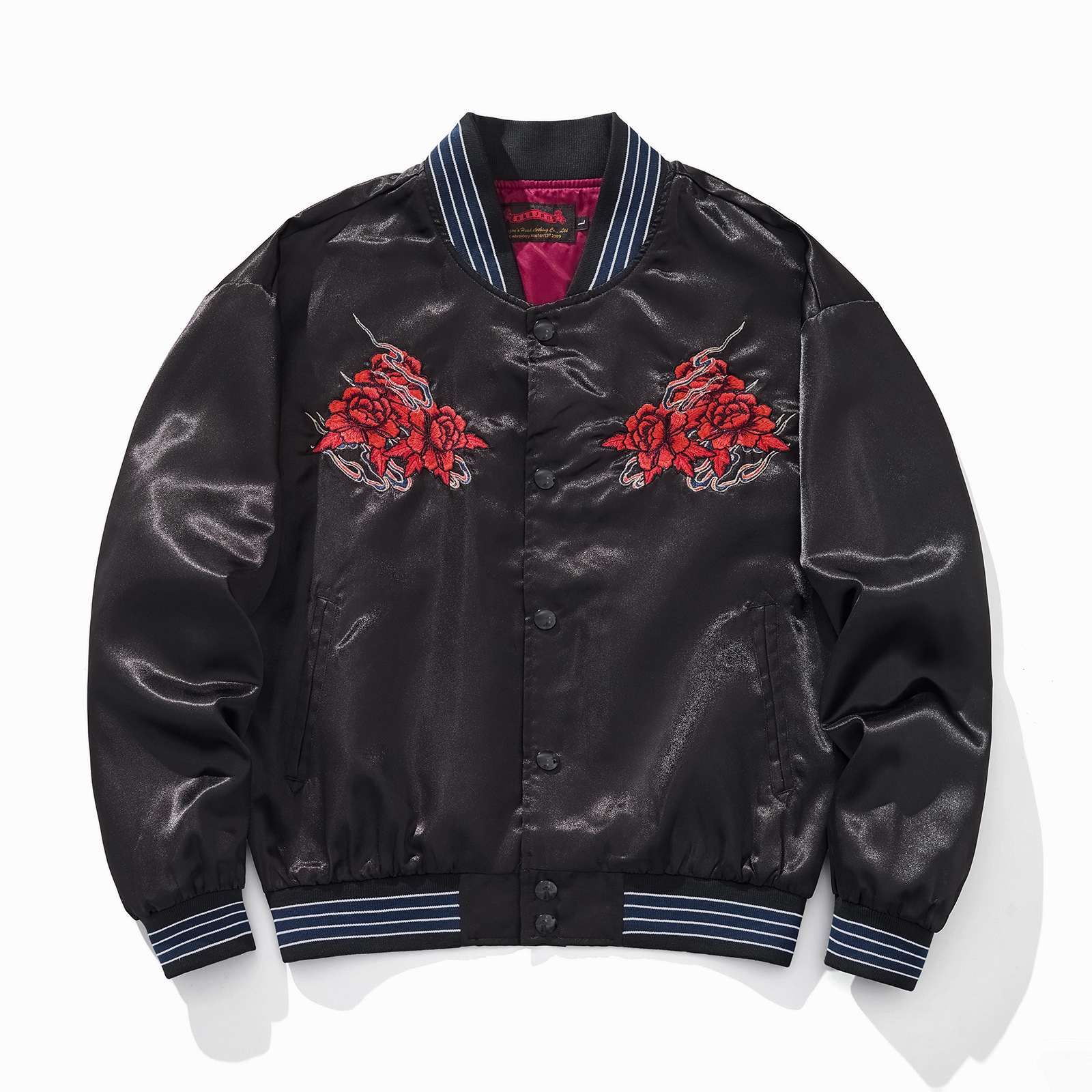 Embroidered Rose Blue Raven Casual Baseball Jacket