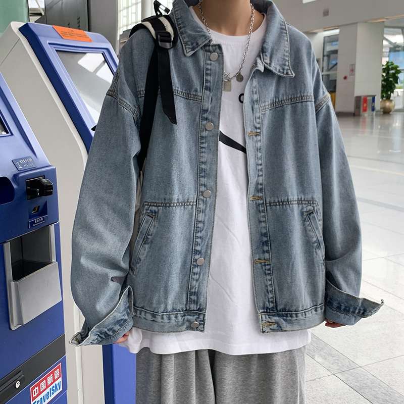 Mens Korean-style Trendy American Workwear Vintage Denim Jacket