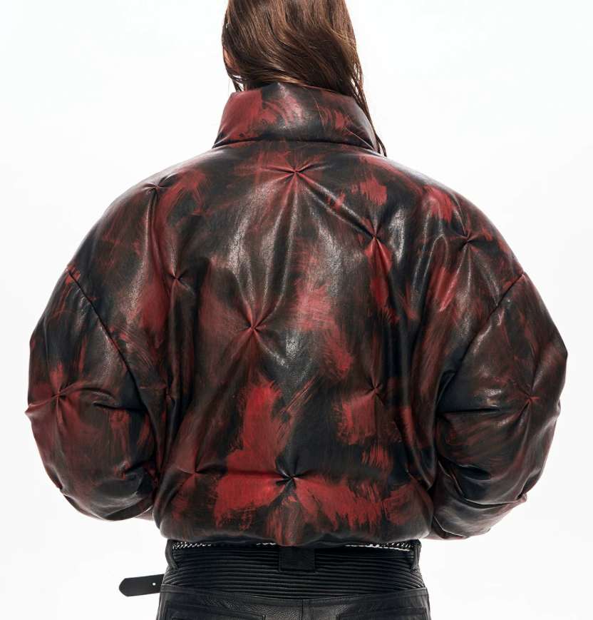 Cropped Leather Puffer Jacket With A Stand-up Collar And Shirring