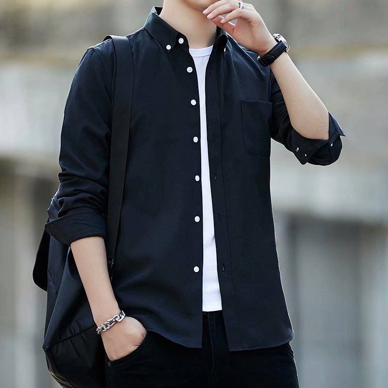 Oxford-cloth Casual Slim-fit Solid-color Shirt For Men