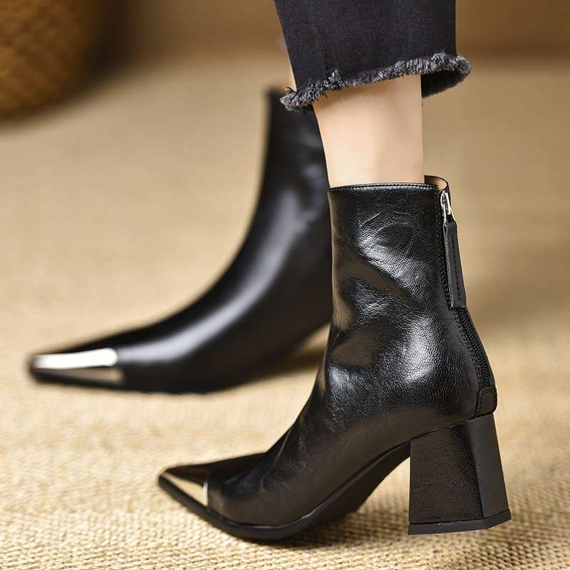 Pointed-toe Chunky-heel Leather Ankle Boots For Women Chic And Vintage