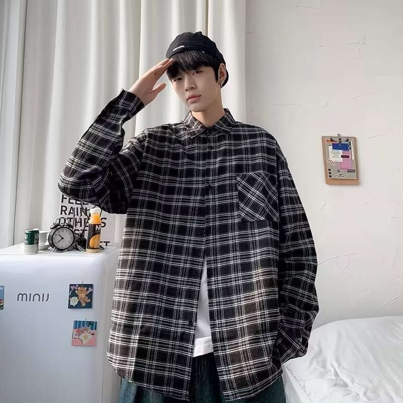 Men's Loose And Casual Black Plaid Long Sleeve Shirt